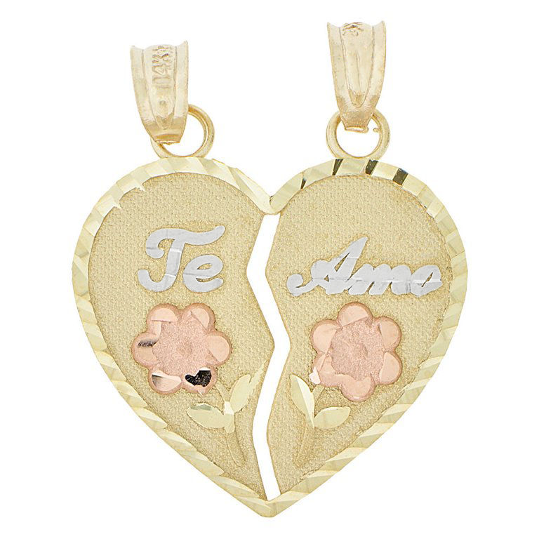 Tri-Tone Diamond Cut Heart Shape "Te Amo" Flower Pendant (14K)