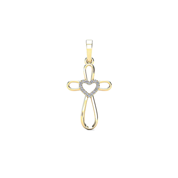 Diamond Heart Outline Cross Pendant (14K)