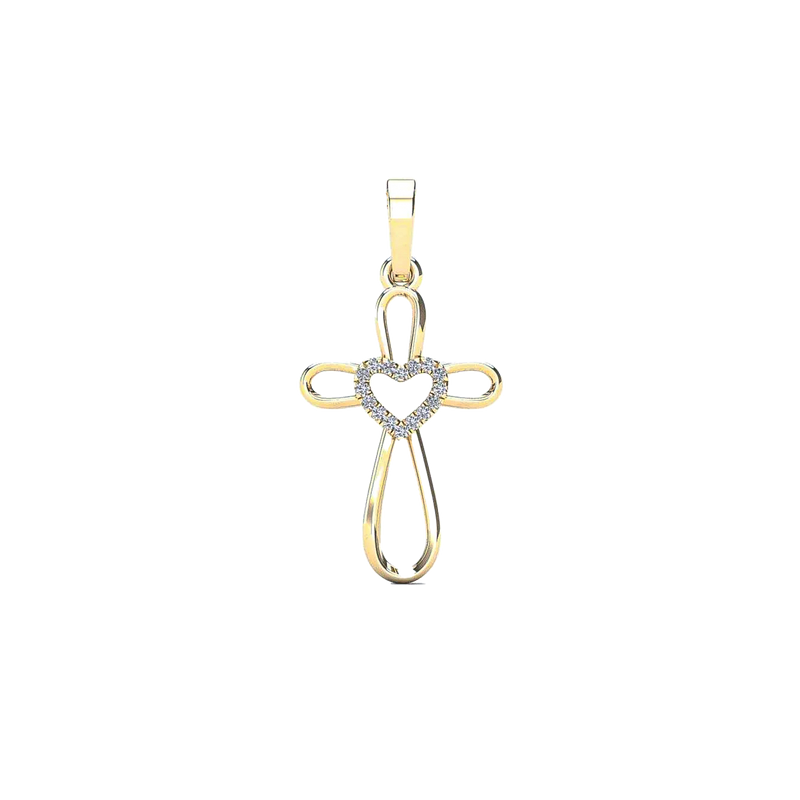 Diamond Heart Outline Cross Pendant (14K)