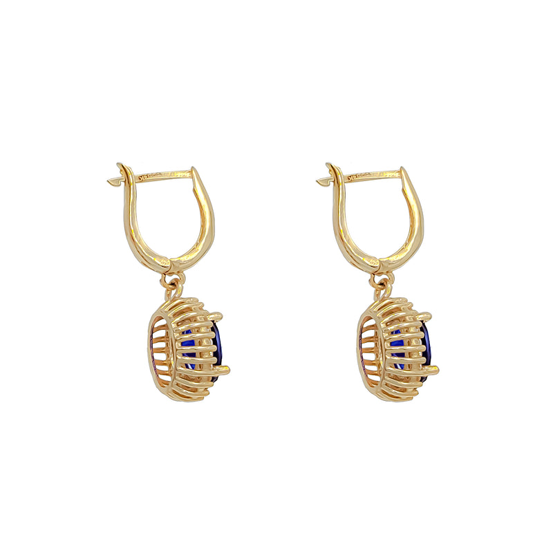 Oval Blue Cubic Zirconia Dangling Earrings (14K)