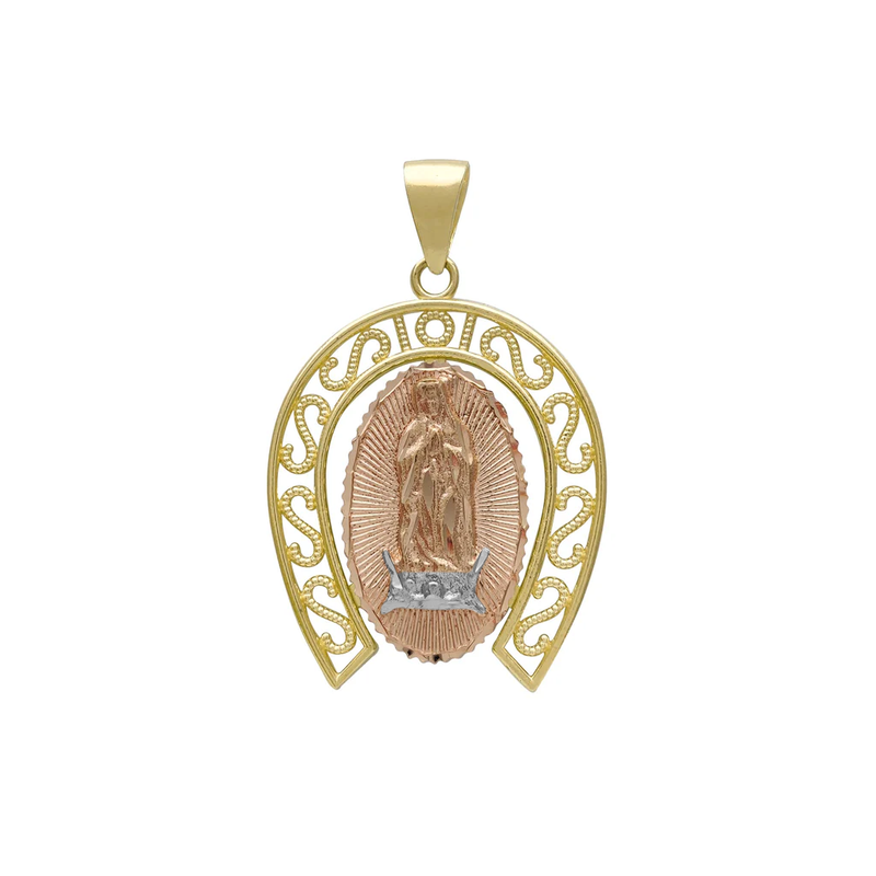 Tri Tone Diamond Cut Horseshoe Guadalupe Pendant (14K)