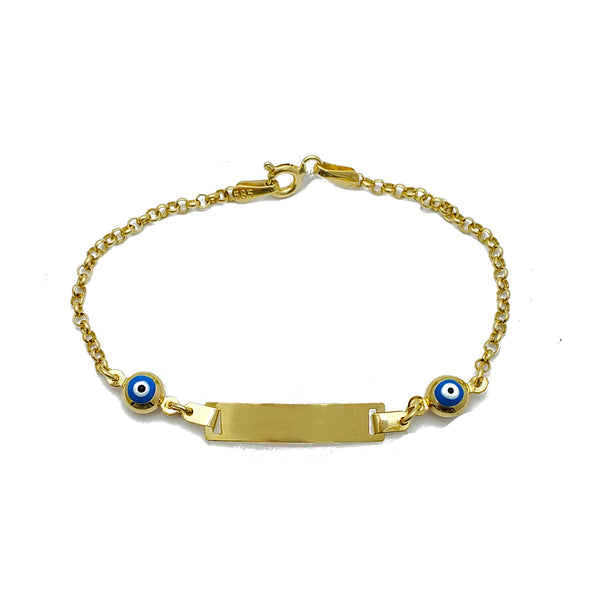 Blue Evil Eye Cuban Baby ID Bracelet (14K)