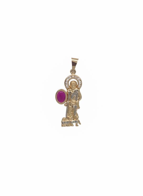 Two-Tone Red Stone Saint Lazarus Pendant (14K)