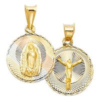 Diamond Cut Tri-Color Two Face Jesus Crucified & Our Lady of Charity Medallion (14K)