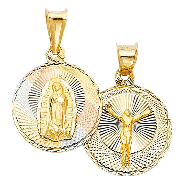 Diamond Cut Tri-Color Two Face Jesus Crucified & Our Lady of Charity Medallion (14K)