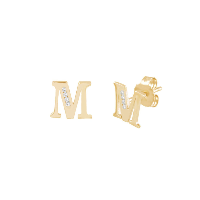 CZ Initial M Letters Stud Earrings (14K)