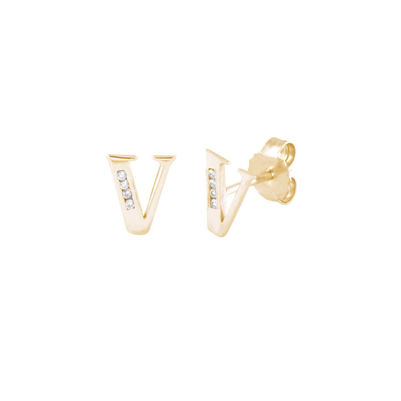 CZ Initial V Letters Stud Earrings (14K)