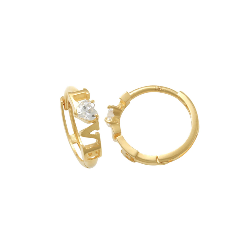 Zirconia Heart "Love" Huggie Earrings (14K)