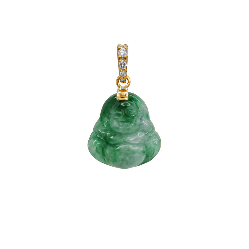 Diamond Green Jade Laughing Buddha Pendant (14K)