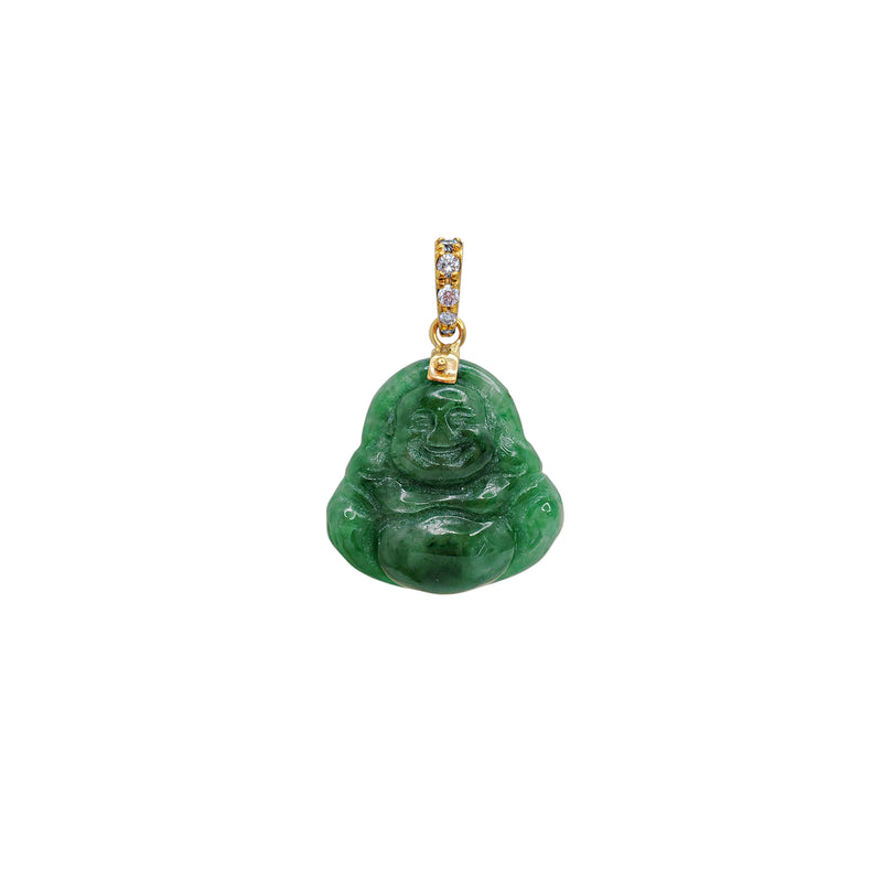 Diamond Green Jade Laughing Buddha Pendant (14K)