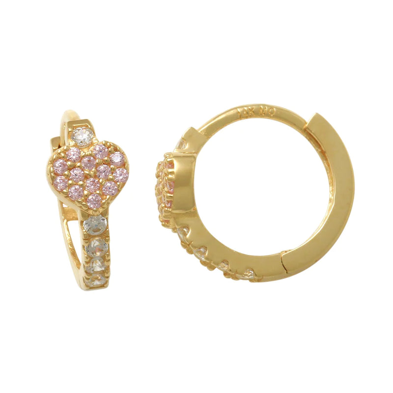 Birthstone CZ Heart Pave Huggie Hoop Earrings (14K)