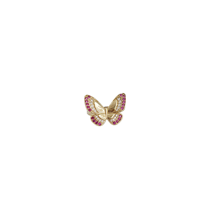 Pink /Green / Dark Pink  Butterfly Zirconia Ring (14K) .