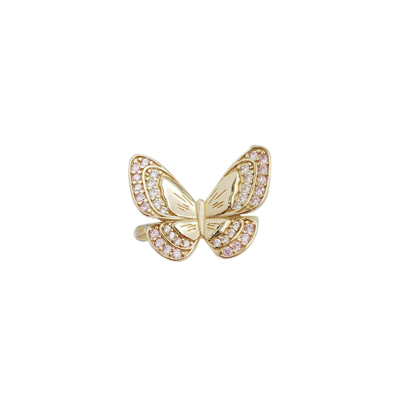 Pink /Green / Dark Pink  Butterfly Zirconia Ring (14K) .