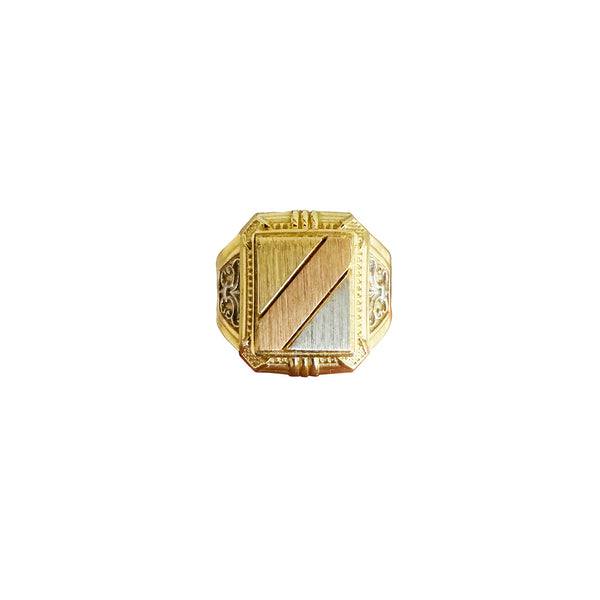 Tricolor Brush-Finish Rectangular Signet Ring (14K)