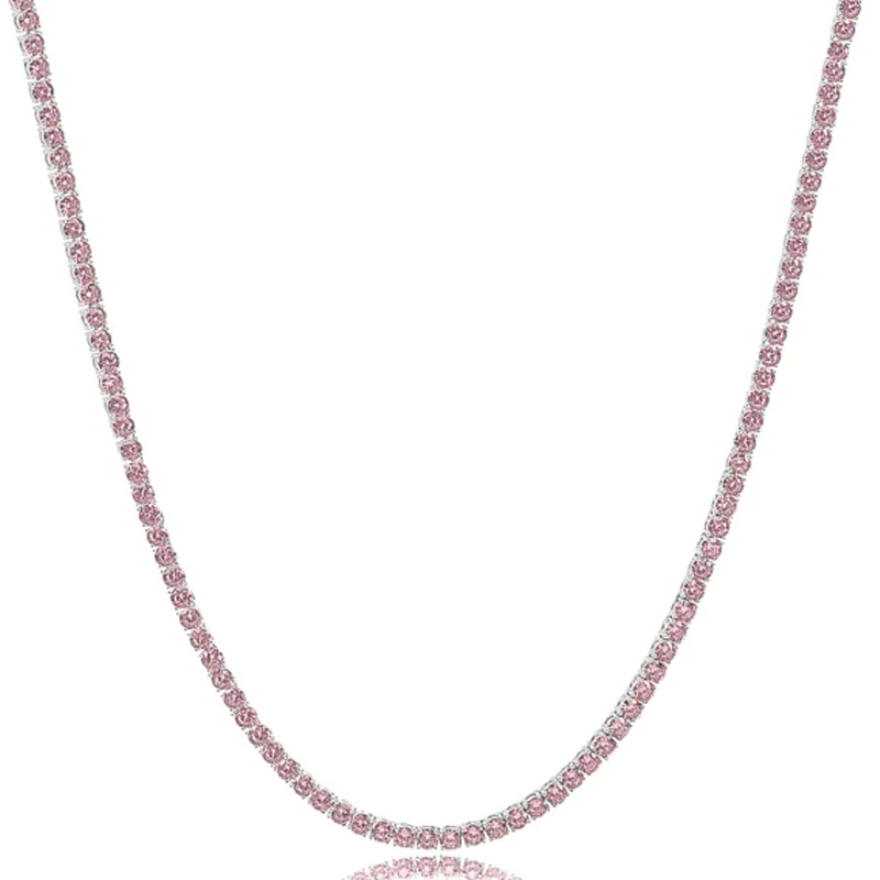 Pink Cubic Zirconia Tennis Necklace/Chain (Silver) Full -  Popular Jewelry - New York