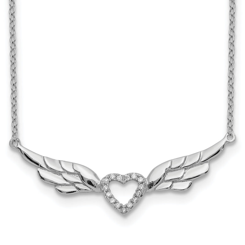 Winged CZ Heart Outline Necklace (Silver) front - Popular Jewelry - New York