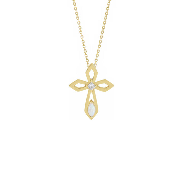 Diamond and Opal Pierced Cross Necklace yellow (14K) front - Popular Jewelry - New York