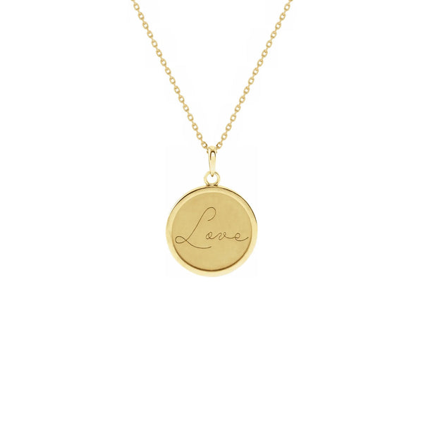 Script Font Love Engraved Medallion Necklace yellow (14K) front - Popular Jewelry - New York