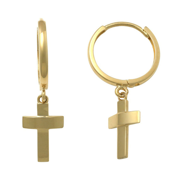 Domed Cross Huggie Dangling Earrings (14K)