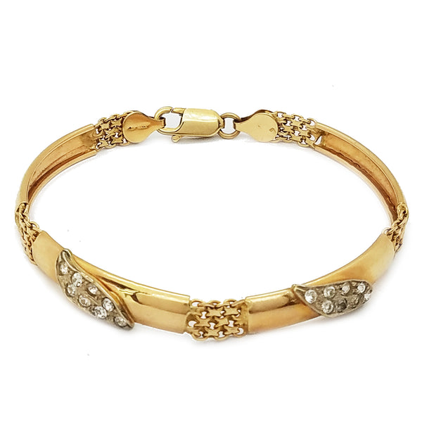 CZ Leaf Design Over Bar & Mesh Yellow Gold Bracelet (14K)