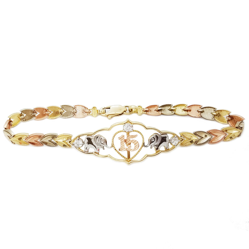 Cubic Zirconia (CZ) 15 Birthday / Quiceañera Tri-Color Gold Bracelet (14K)