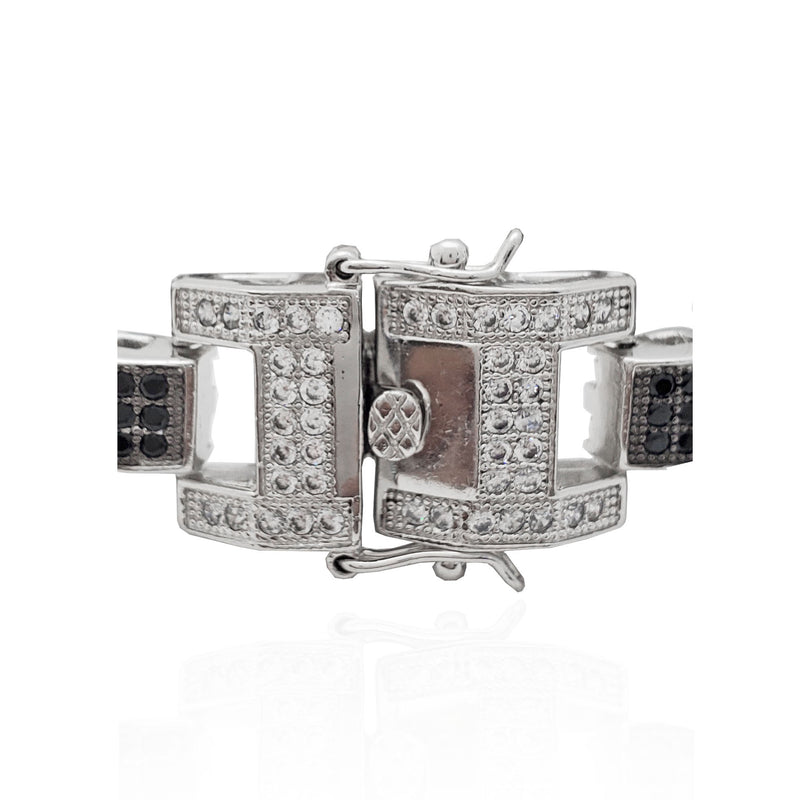 Iced-Out Black & White Buckle Link Bracelet (Silver)