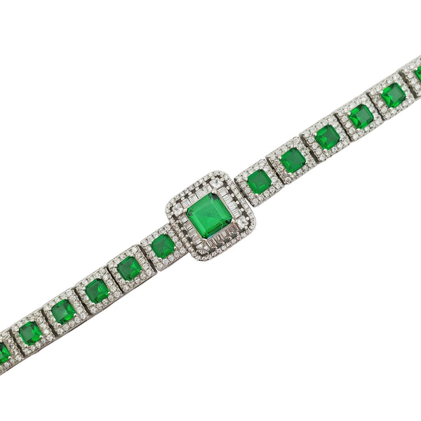 Green Stones Square Link CZ Bracelet (Silver).