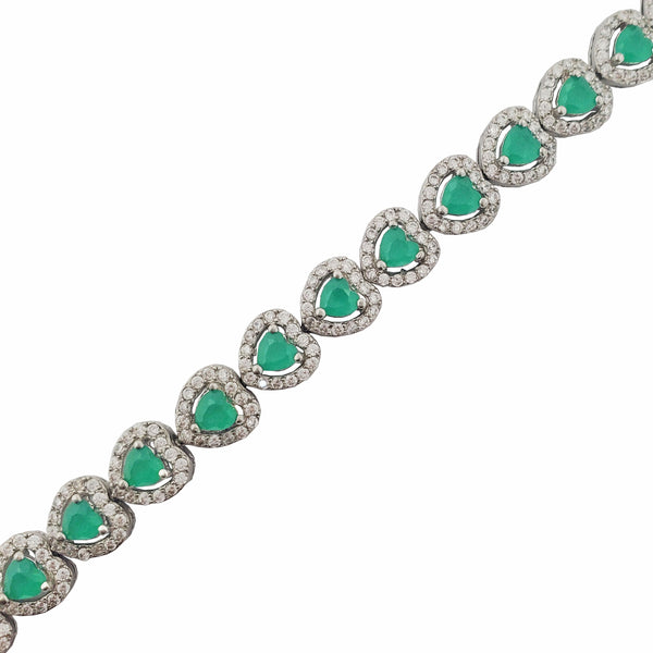 Haloed Heart Link Green Stone Tennis Bracelet (Silver)