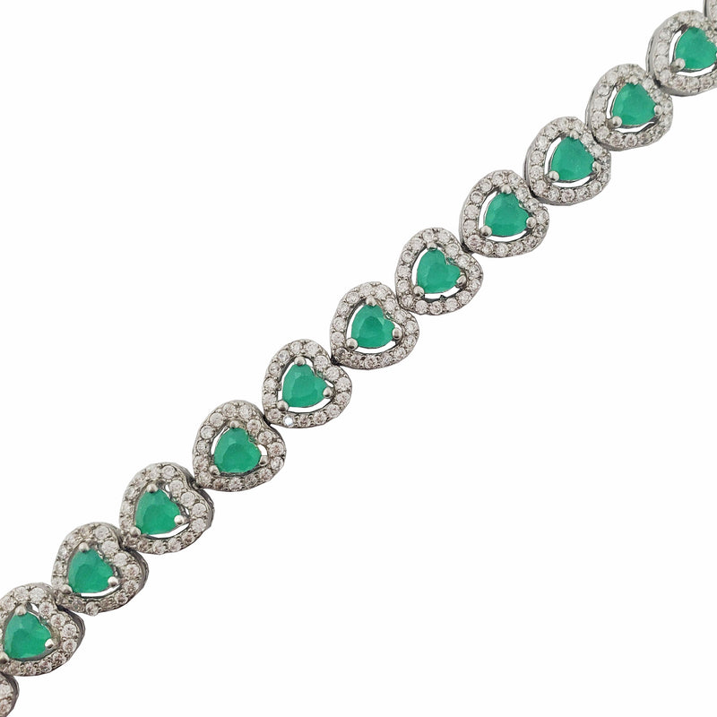 Haloed Heart Link Green Stone Tennis Bracelet (Silver)