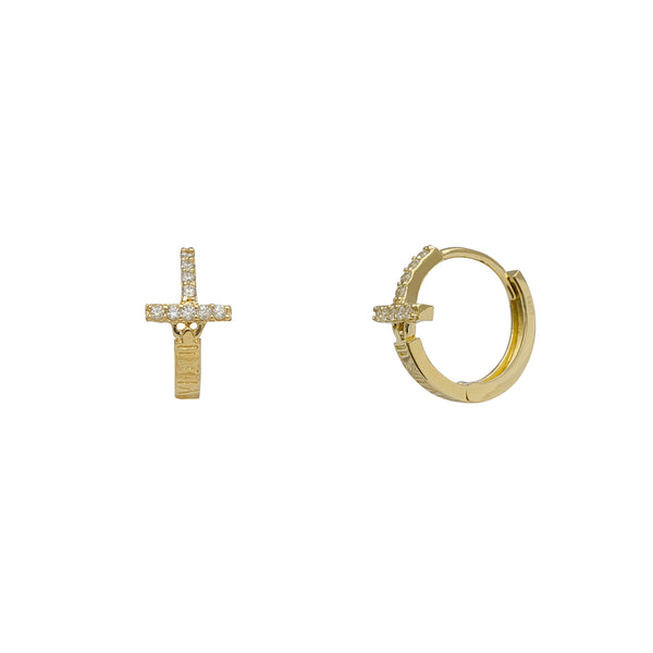 Zirconia Cross Roman's Number Huggie Earrings (14K)