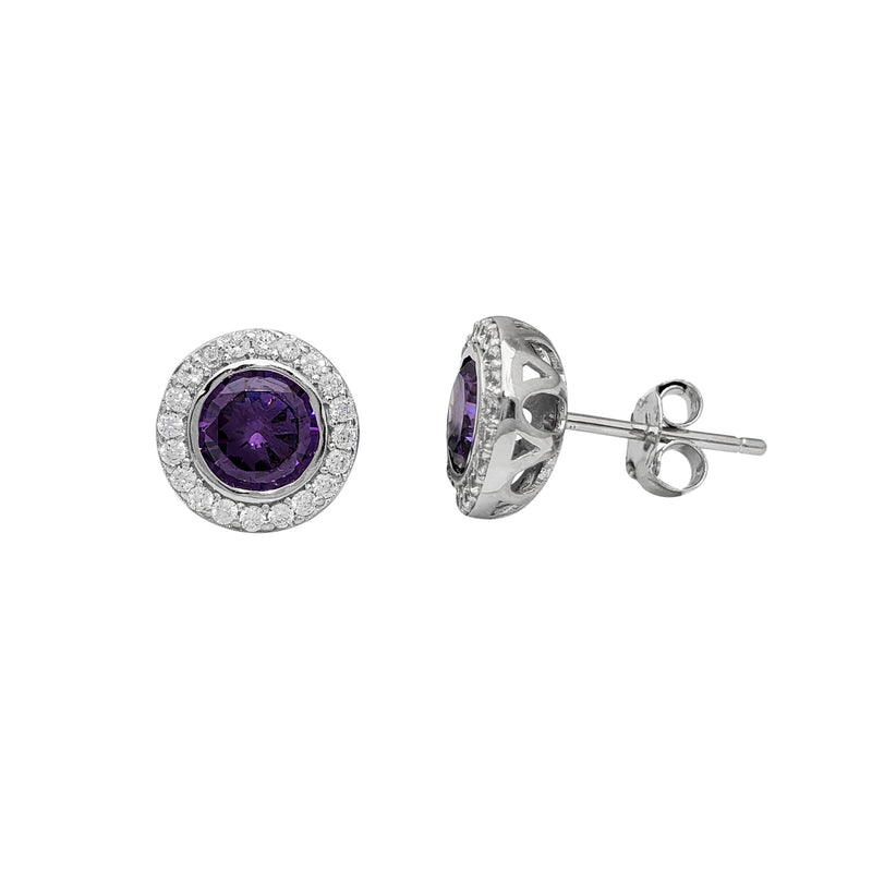 Purple Zirconia Halo Bezel Stud Earrings (Silver)