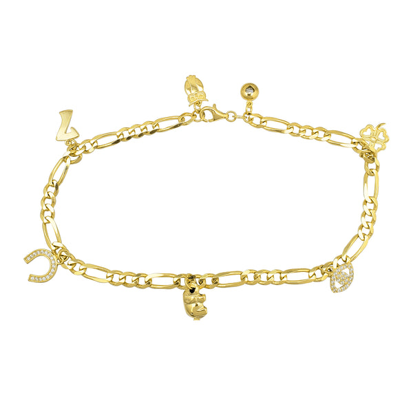 Zirconia Fancy Charms Figaro Anklet (14K)