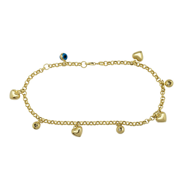 Zirconia Evil-Eye Heart Charms Rolo Anklet (14K)