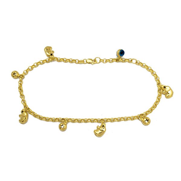 Zirconia Evil-Eye Elephant & Star Ball Charms Rolo Anklet (14K)