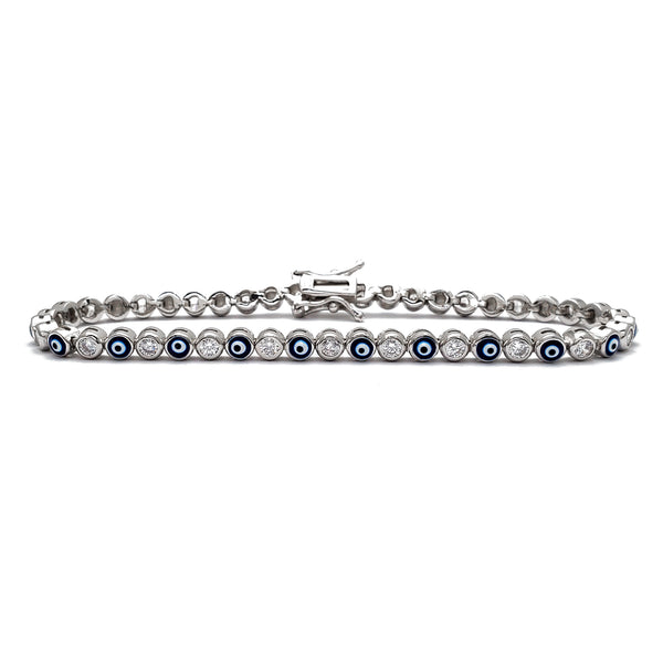 Zirconia Bezel Evil Eyes Tennis Bracelet (Silver)