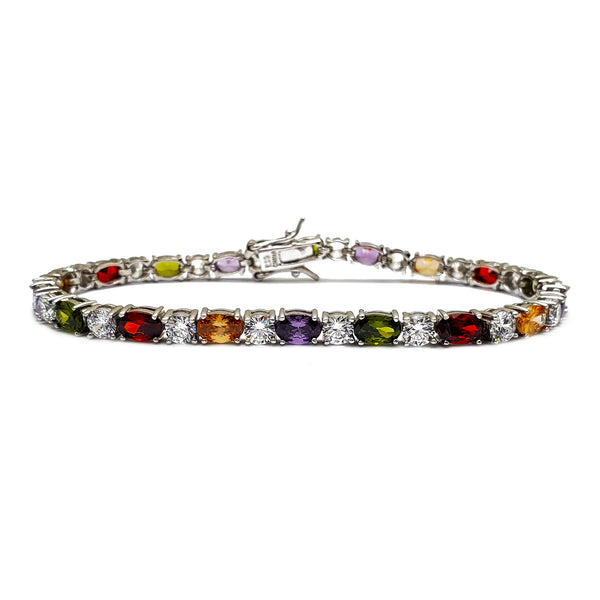 Zirconia Multicolor Round & Oval Tennis Bracelet (Silver)