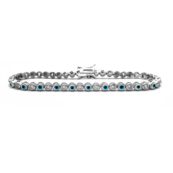 Zirconia Bezel Evil Eyes Tennis Bracelet (Silver)