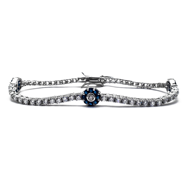 Zirconia Blue Blossom Flower Tennis Bracelet (Silver)