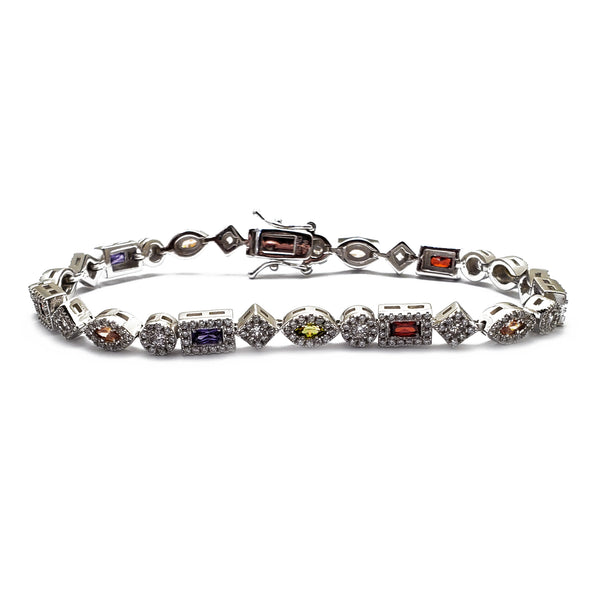 Zirconia Multicolor Geometric Tennis Bracelet (Silver)