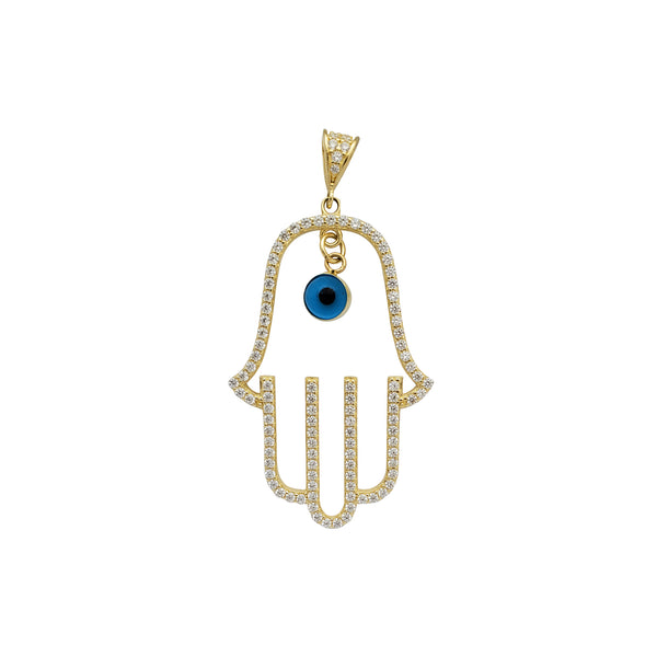 Zirconia Outline Blue Evil Eye Hamsa Hand Pendant (14K)