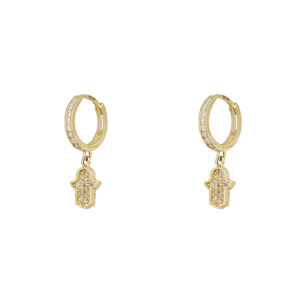 Zirconia Hamsa-Hand Huggie Hanging Earrings (14K)