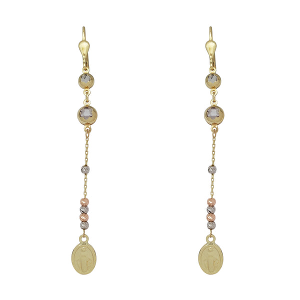 Tricolor Beads & Virgin Mary Dangling Earrings (14K)