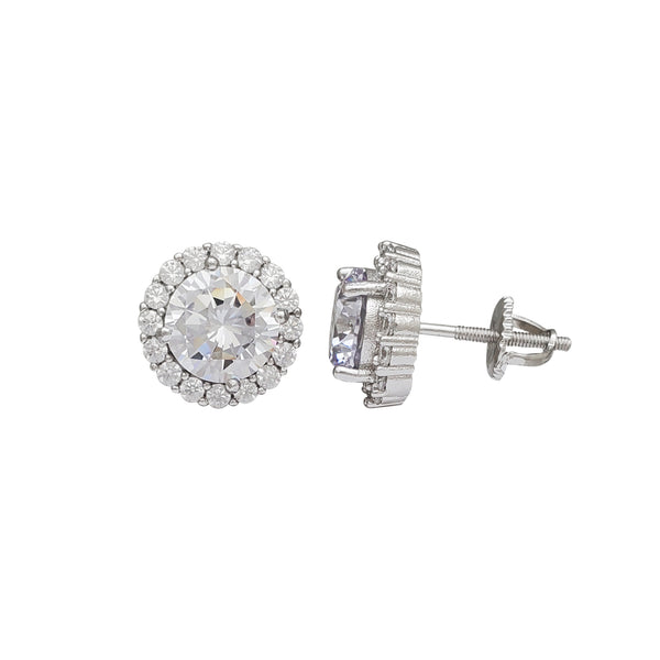 Zirconia Round Halo Stud Earrings (Silver)