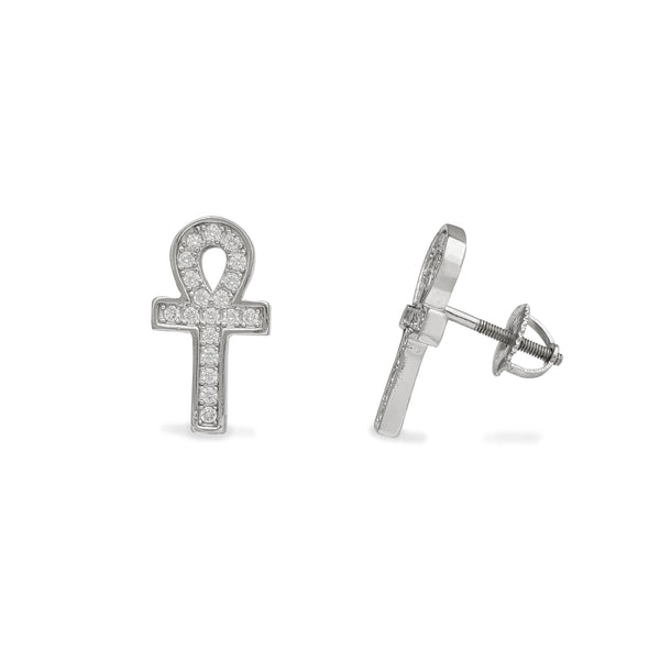 Zirconia Ankh Stud Earrings (Silver)