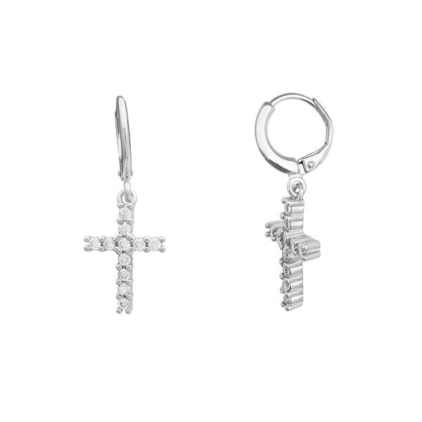 Zirconia Cross Huggie Dangling Earrings (Silver)