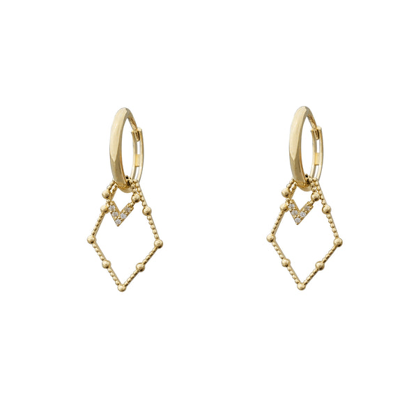 Zirconia Rhombus Hanging Huggie Earrings (14K)