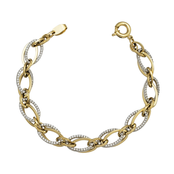 Two-Tone Zirconia Interlocking Oval Hoops Link Fancy Bracelet (14K)