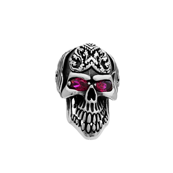 Antique Finish Red-Eyes Skull Ring (Silver)