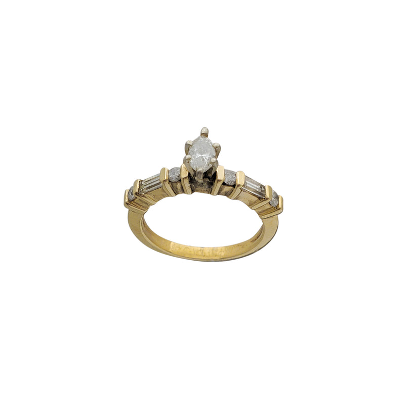 Diamond Marquise Stack Baguettes & Round Engagement Ring (14K)