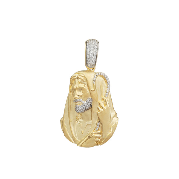 Zirconia Glossy-Matte Textured Jesus w/ Staff Pendant (14K)